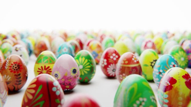 Colorful hand painted easter eggs with folk patterns on a white background