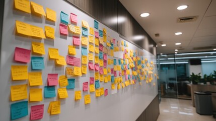 Colorful sticky notes on a whiteboard in a modern office space, showcasing brainstorming, planning, and organization in a collaborative environment
