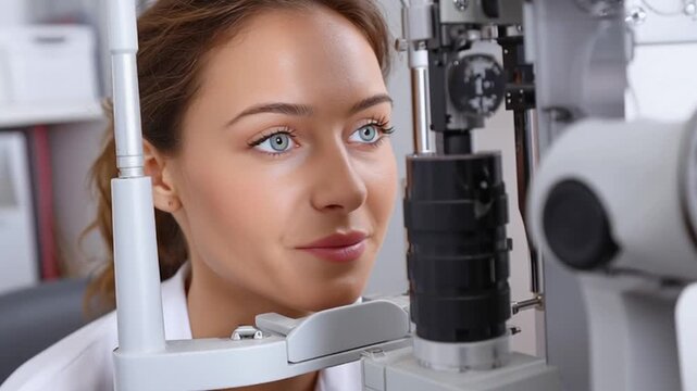 Frau bei einer Untersuchung beim Augenarzt, Vorbeugung von Sehschw&auml;che, Grauem Star, Blindheit, Netzhautabl&ouml;sung, Brille, Generative AI