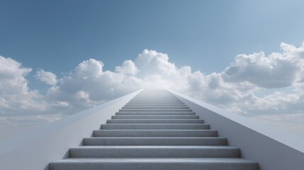 Fototapeta premium Serene Pathway Leading to Bright Sky with Fluffy Clouds and Ethereal Light at the Top of the Stairs Symbolizing Hope and Aspirations