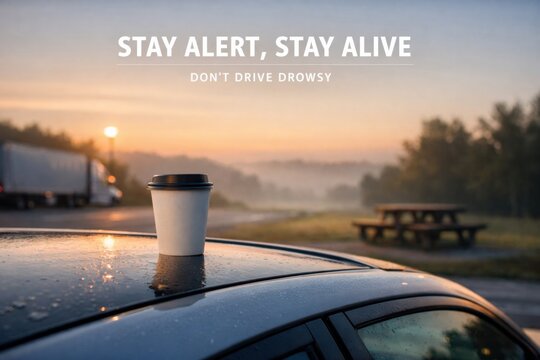 Coffee Cup on Car Roof Near a Parking Area at Dawn With Safety Message About Staying Alert While Driving