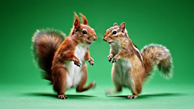 Playful squirrel and chipmunk interactions against a green background revealing a whimsical and lighthearted wildlife encounter
