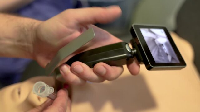 Healthcare professional performs airway management training with a video laryngoscope on a male medical mannequin. Clinical simulation focused on respiratory emergency response and intubation skills.