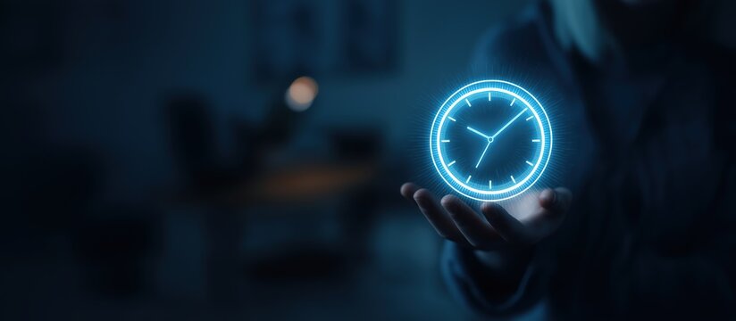 Person Holding Glowing Clock Icon, Daylight Saving Time Concept in Minimalist Home Interior