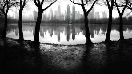 NYC skyline reflected in winter park pond