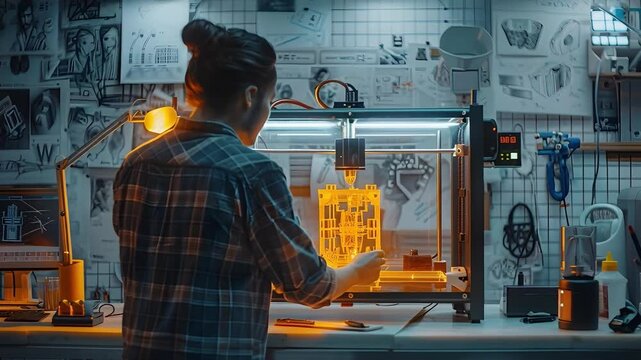 In a cluttered workshop, a person concentrates on a 3D printing project as the printer's glow highlights their focused face, surrounded by technical tools and detailed sketches on the walls