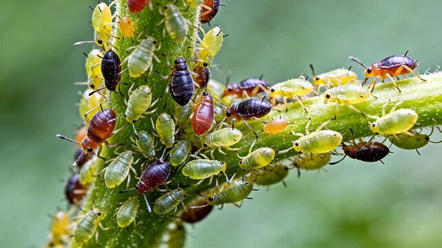 Group of aphids on plant stem