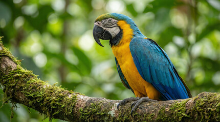 Fototapeta premium Vibrant Blue and Yellow Macaw Parrot Perched in Tropical Rainforest – AI Generated Wildlife