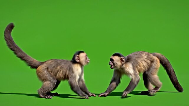 Two capuchin monkeys interacting confrontation aggression on green screen background for chroma keying visual effects