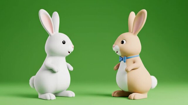 Two cartoon easter bunnies on green background talking face to face animatic concept video for holiday season