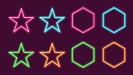 Obraz premium Neon glow star and hexagon light icons set on dark background