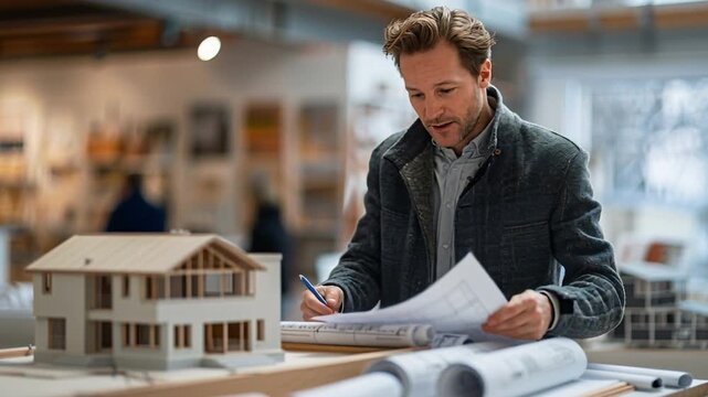 In a spacious design studio, an architect intently examines blueprints alongside a detailed scale model of a house on a large table, surrounded by various materials and artistic designs