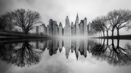 City reflected in a misty park pond