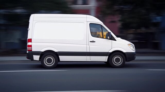 White Unbranded Delivery Van Driving in City with Motion Blur