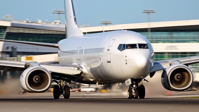 Commercial Airplane Landing on Airport Runway with Landing Gear