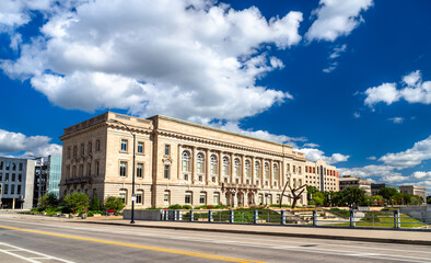 Des Moines Historic City Hall in Iowa. Historic Beaux-Arts architecture features a limestone facade...