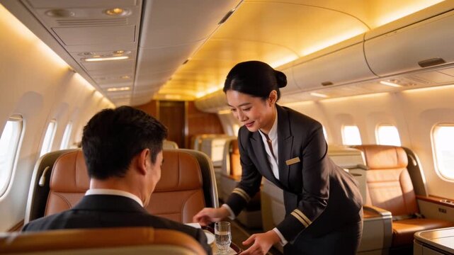 Professional Flight Attendant Serving Passenger in First Class