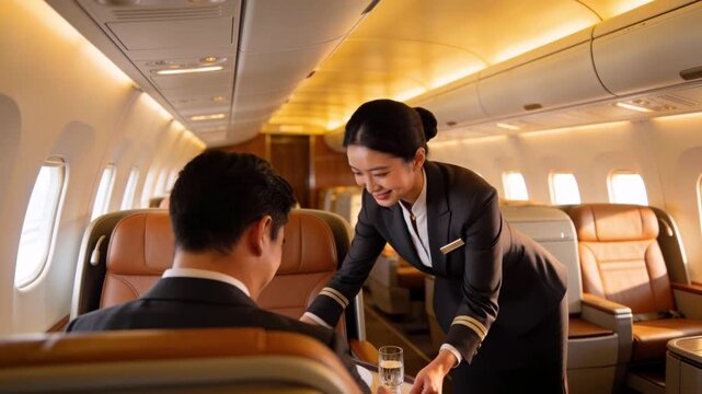 Professional Flight Attendant Serving Passenger in First Class