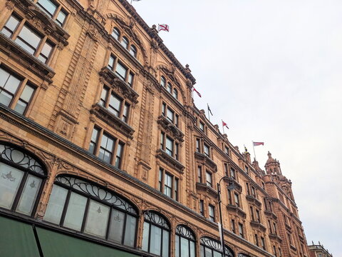 The iconic terracotta facade of the world-famous Harrods department store in Knightsbridge, London