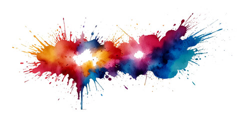 Fototapeta premium Wide multicolor ink splash composition with flowing watercolor burst and vibrant paint spread isolated on white