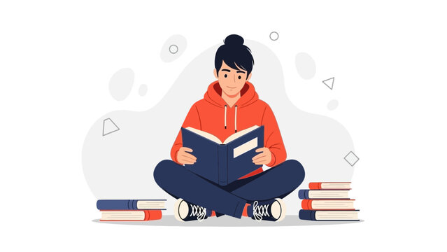 Young man reading a book, sitting cross-legged among stacks of books