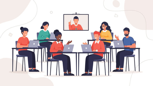 Diverse group of students learning online with teacher via video conference