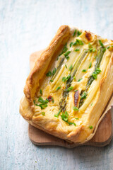 Savory asparagus puff pastry pie, top view