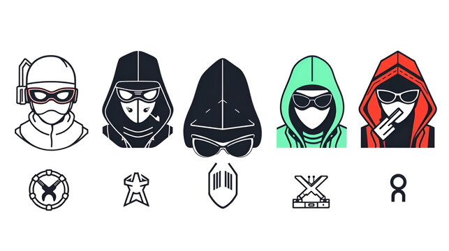 Hackers linear icons set. Cybercriminals, Intruders, Crackers, Hacktivists, Black hats, White hats, Rogue vector symbols and line concept signs. Spies,Cyberpunks,Phreakers illustration