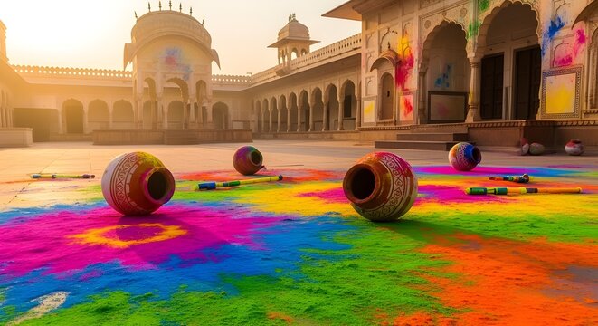 Vibrant Holi festival colors spread across a traditional Indian palace courtyard with clay pots under a warm sky.