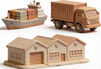 Obraz premium Creative modeling of transportation concepts featuring a cargo ship truck and storage facility in clay showcasing innovative logistics and supply chain visualization