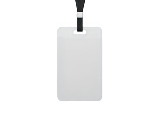 A close-up view of a blank white identification card with a black strap.