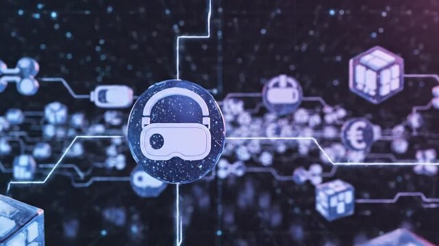 Futuristic Metaverse Concept with VR Headset Icons and Digital Blockchain Blocks in Cyber Space.