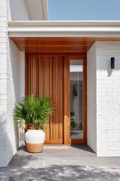 The entrance features a beautifully crafted wooden door alongside a lush plant, set against a striking white brick wall, all basking in the warmth of a sunny day.