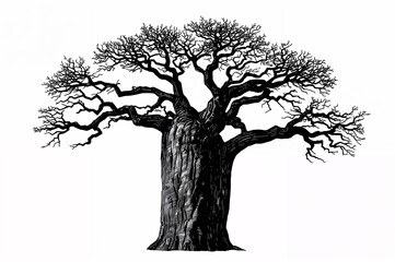 A black silhouette of a baobab tree with a thick trunk and sprawling branches isolated on transparent background