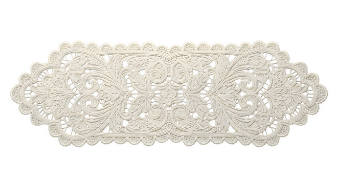 Elegant white crocheted lace doily table runner isolated on transparent background