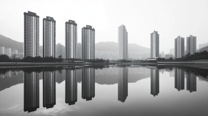 Misty city skyline reflected in calm lake