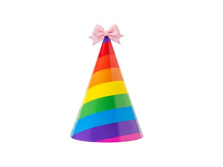 A vibrant and colorful rainbow party hat with a pink bow on top.