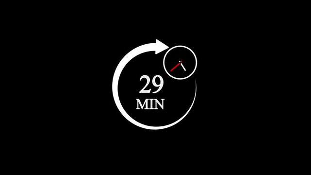 29 Minutes Clock Animation with Circular Arrow Loop and Black Background for Time Management and Deadlines.Animation video timer icon with 29 min.timer 29 minutes countdown icon.with video animation.