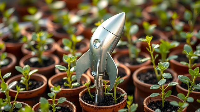 A silver rocket ship poised for launch amidst burgeoning green plants in terracotta pots, symbolizing growth, innovation, and the future