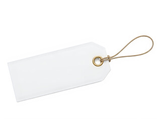 A blank white tag with a gold string attached to it against a white background