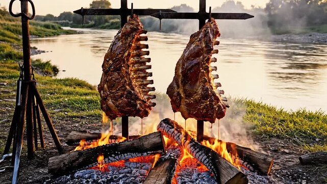 Authentic Asado BBQ: Prime Beef Ribs Roasting Over Open Fire by Riverside at Sunset
