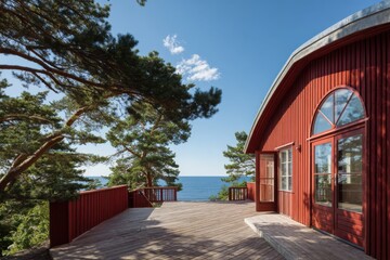 Naklejka premium A picturesque view unfolds from a charming red wooden house, perched high above the sparkling sea. Lush green trees frame the scene under a bright blue sky.