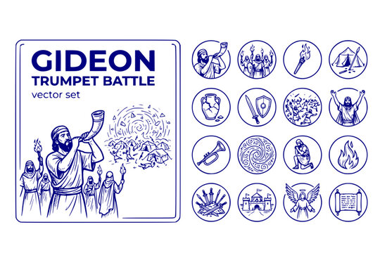 Gideon Trumpet Battle Small-Army Torches Midianite-Camp Biblical-Battle Gideon-Victory Trumpet-Battle Chaos-Scene Gideon-Story Vector Set - Biblical Battle