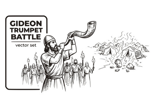 Gideon Trumpet Battle Small-Army Torches Midianite-Camp Biblical-Battle Gideon-Victory Trumpet-Battle Chaos-Scene Gideon-Story Vector Set - Biblical Battle