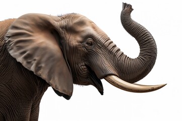 Close-up of a brown elephant with large ears and tusks isolated on transparent background