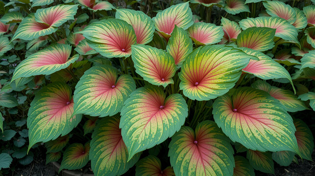 Gorgeous caladium plant with vibrant green leaves in a garden setting with copy space image.