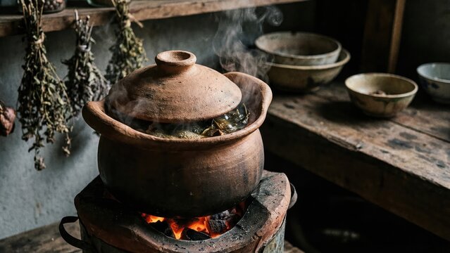 Traditional Herbal Decoction Boiling in Rustic Clay Pot Over Charcoal Stove