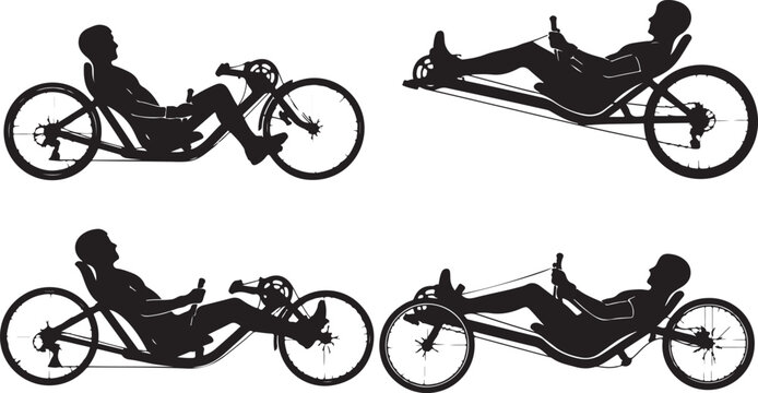 Four different types of recumbent bicycles shown in silhouette