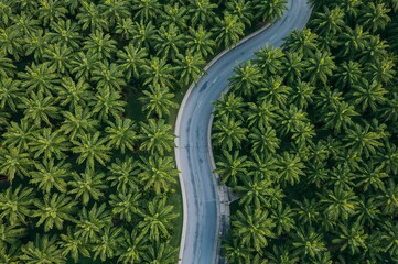 Aerial view of a winding road cutting through a dense forest of green trees