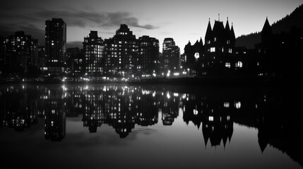 Night city skyline reflection in calm water